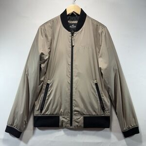Hollister Men's Beige and Black Bomber Jacket Size Medium